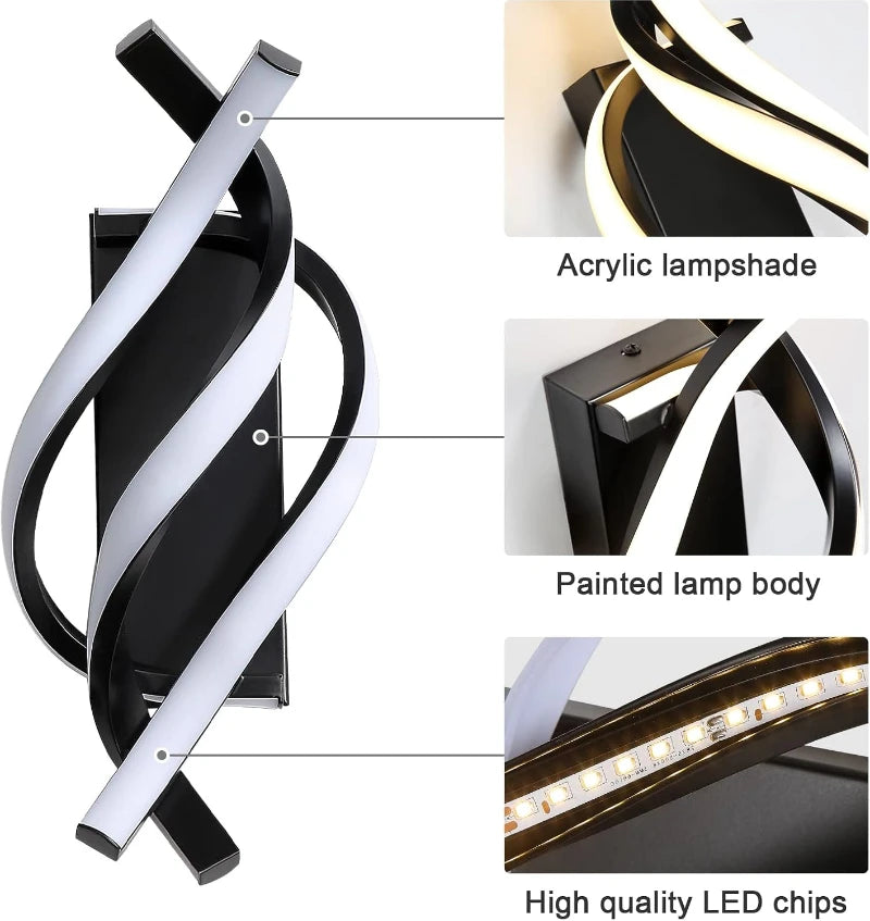 Curved Spiral Design LED Wall Lamp for Bedroom Bedside Corridor Living Room Staircase Corridor Lighting Fixture Home Decor Light