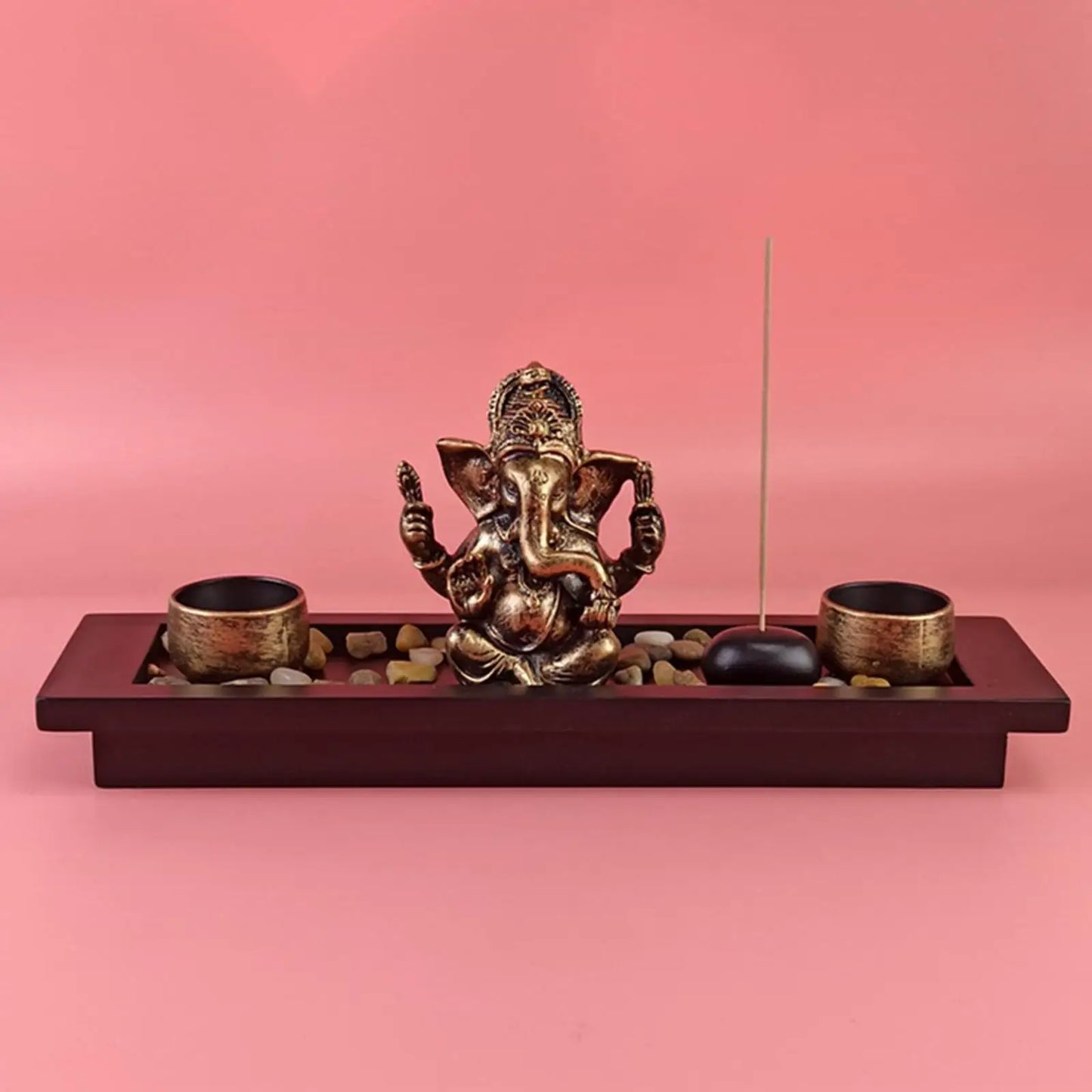 Hindu God Lord Ganesha Statue Wooden Tray with Candle Holder Blessing Ganesh