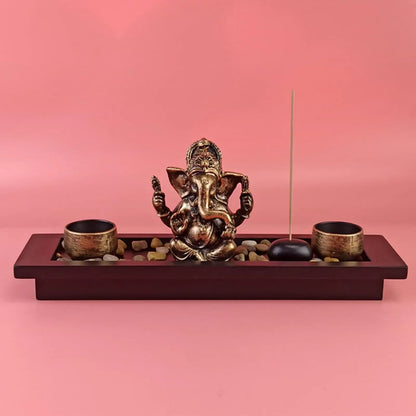 Hindu God Lord Ganesha Statue Wooden Tray with Candle Holder Blessing Ganesh