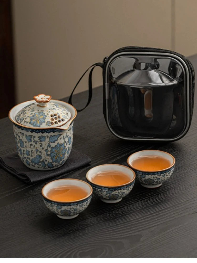 Tea Set Outdoor Travel Portable Tea Set ‌Zen Gradient Lotus Teapot & 2 Cups Ceramic Tea Kit for Camping & Meditation Gift Set