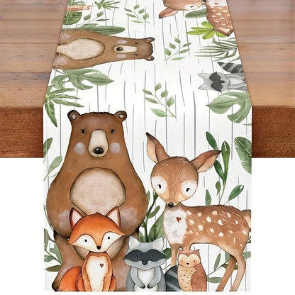 Woodland Animals Linen Table Runner Birthday Party Decor Forest Bear Fox Deer Green Leaves Table Runners Dining Table Home Decor