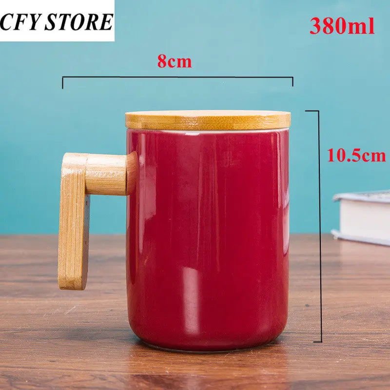 380ml Creative Ceramic Coffee Mugs with Bamboo Handle and Lid Home Office Coffee Cup Hot Water Mug Drinkware