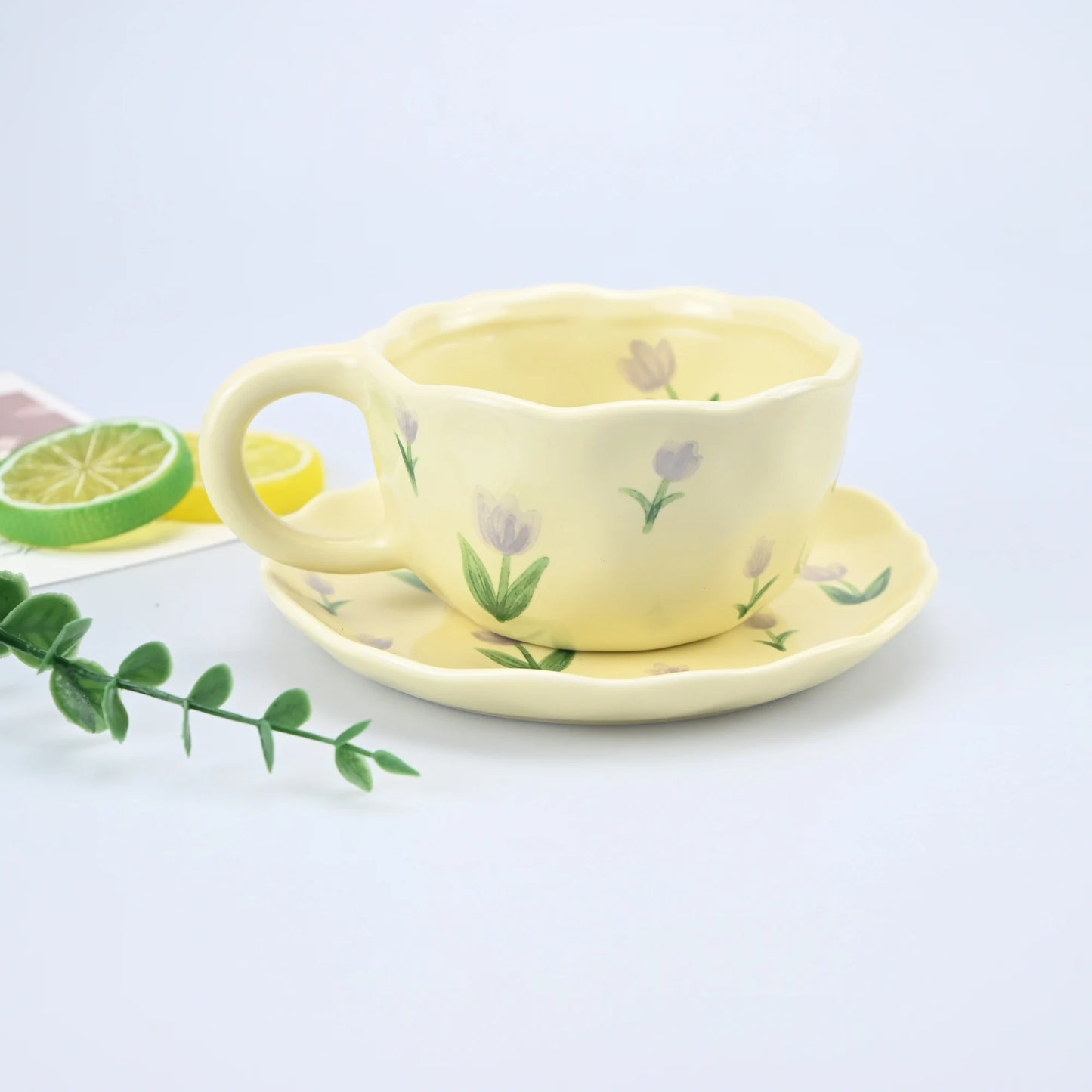 2PCS/Set High-end Coffee Cups And Saucers, High-value Ceramic Mugs, Business-style Latte Art Coffee Cups, Hand-pinched Cups