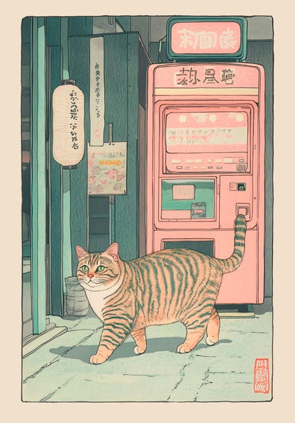 Japanese Tabby Cat in Bathtub Poster Prints Canvas Painting Retro Aesthetic Wall Art Picture Japandi Bathroom Toilet Home Decor