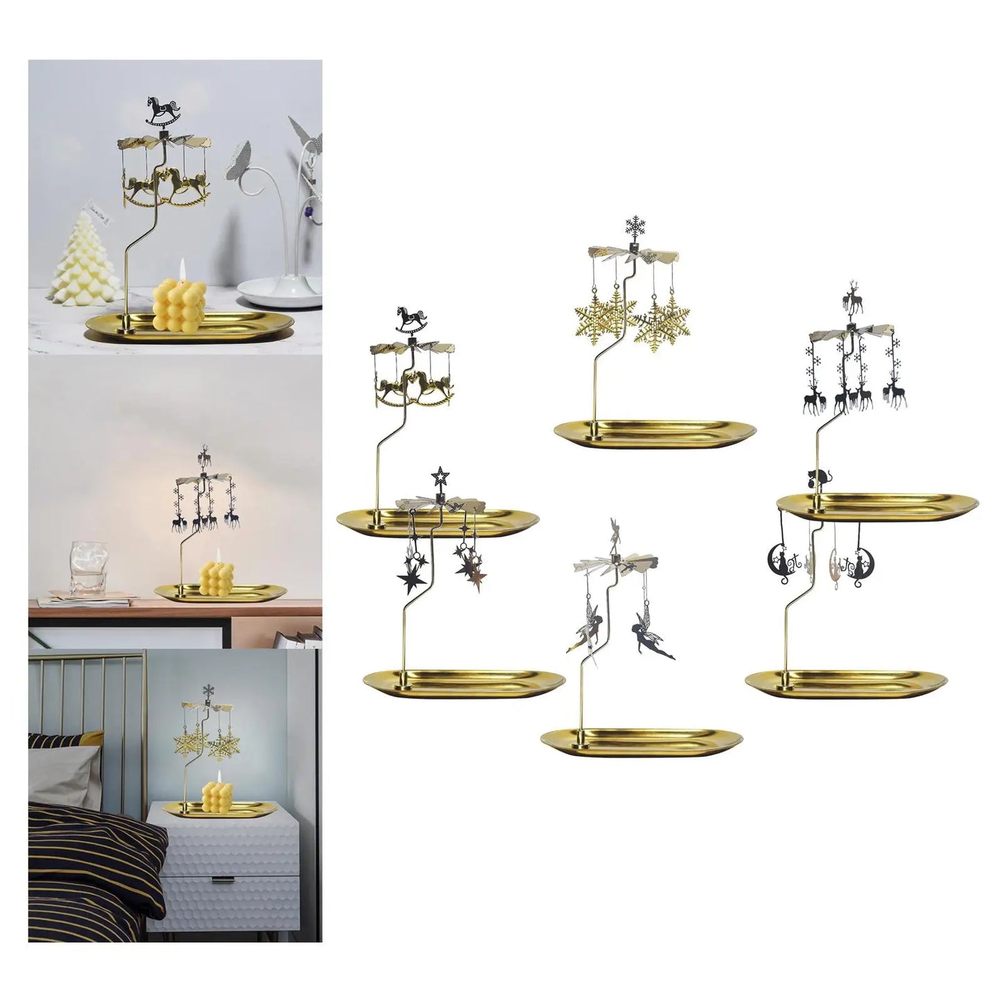 Golden Rotating Candlestick Holder Carousel Revolving Candle Tray Candle Holder for Romantic Wedding Party Bedroom Decoration