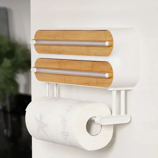 3 In 1 Aluminum Film Wrap Cutter WallMount Paper Towel Holder Cling Film Cutting Holder Plastic Wrap Dispenser Kitchen Organizer