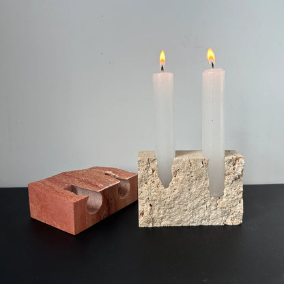 New Design Nordic Home Decor Travertine Candle Holder Natural Stone Holder with Natural Split Face, 2 Holes
