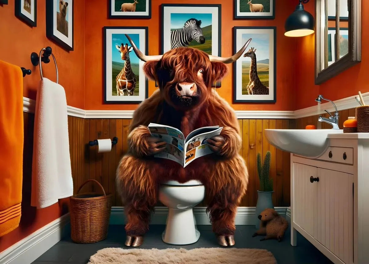 Highland Cow Sheep Mouse Sitting on The Toilet Reading Newspaper Poster Animal Print Canvas Painting Funny Bathroom Wall Decor
