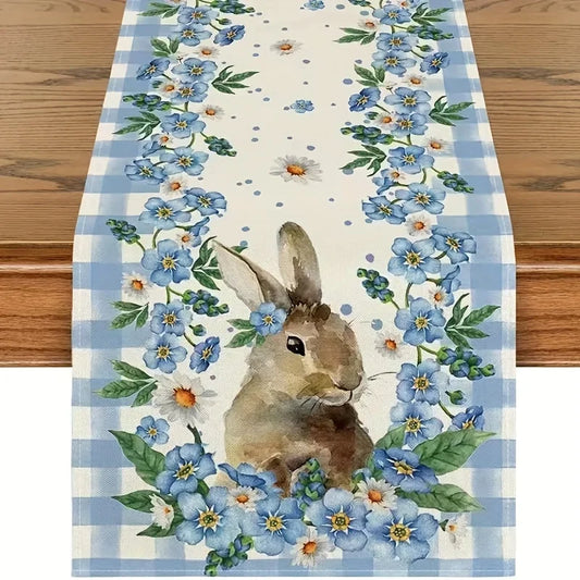 Easter Bunny Blue Flowers Linen Table Runner for Easter Decorations Spring Daisy Floral Plaid Table Runners Holiday Party Decor