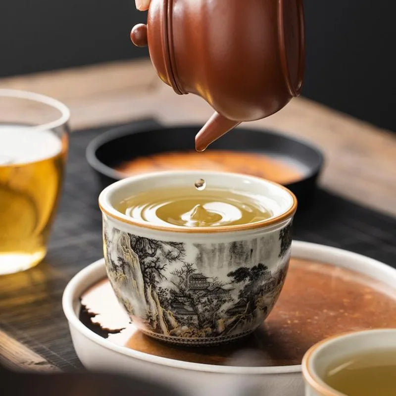 65ML Ru Kiln Ink Landscape Round Tripod Teacup, Personal High end Master's Cup, Single Cup, Opening, Nourishing Ceramic Tea Cup