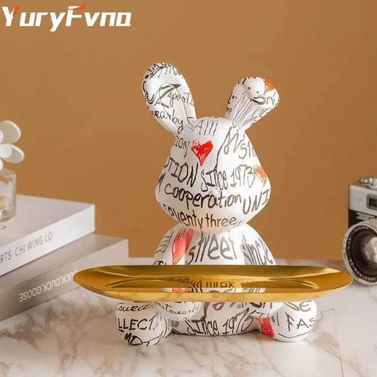 YuryFvna  Graffiti Creativity Rabbit Figurine Bunny Ornament Home Decoration Animal Statue Storage Shelf Modern Room Sculpture