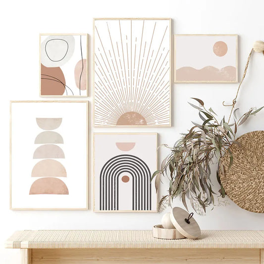 Boho Abstract Geometric Sun Rising Rainbow Beige Canvas Painting Wall Art Pictures Posters Print Interior Living Room Home Decor