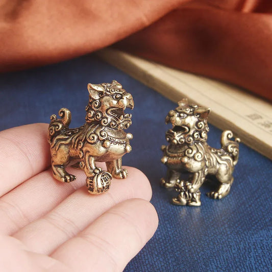 1/2Pcs Pure Copper Lucky Lion King Figurines Miniatures Desk Ornaments Animals Statue Home Feng Shui Decor