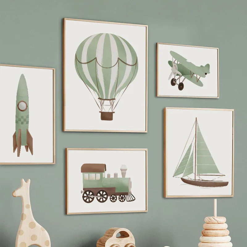 Sailboat Rocket Hot Air Balloon Plane Train Car Wall Art Nordic Posters Prints Canvas Painting Cartoon Pictures Kids Room Decor