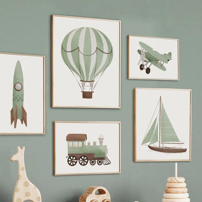 Sailboat Rocket Hot Air Balloon Plane Train Car Wall Art Nordic Posters Prints Canvas Painting Cartoon Pictures Kids Room Decor