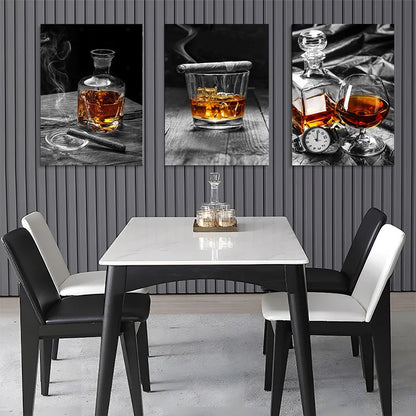 Cigar Whiskey Wall Art Canvas Painting Wine Liquor Still Life Posters Black and White Print Pictures for Living Room Home Decor