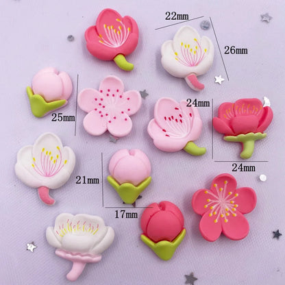 Resin Kawaii Colorful Painted Cherry Blossoms Flatback Stone Scrapbook Figurine 10PCS DIY Decor Home Accessories Crafts OM131