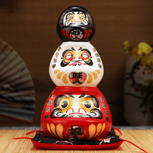 11 Inch Ceramic Daruma Tower Japanese Porcelain Maneki Neko Collectible Figurine Dharma Good Luck Zen Statue Money Box