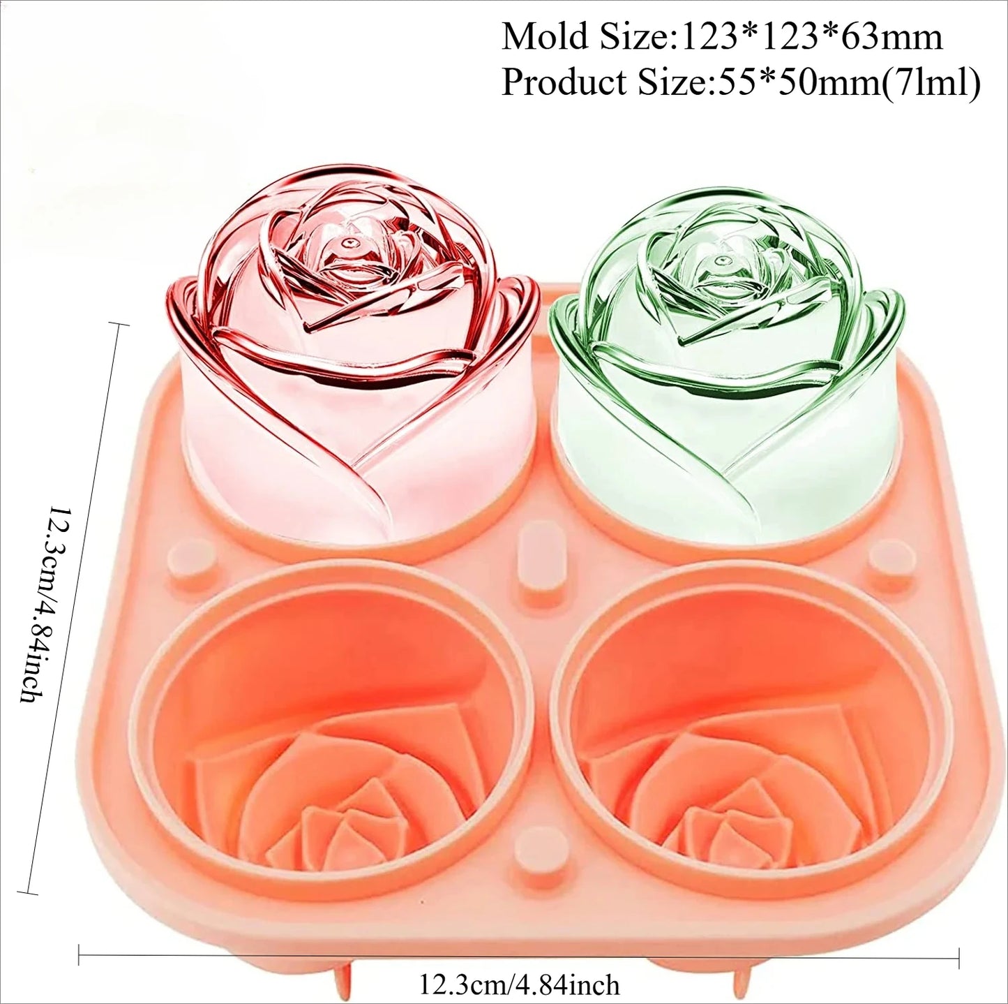 3D Rose Ice Cube Tray Silicone Mold - 4 Giant Flower & Ball Ice Maker for Cocktails, Reusable, Easy Release, Party & Home Bar