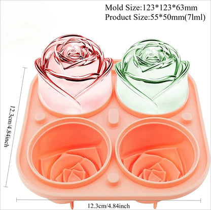3D Rose Ice Cube Tray Silicone Mold - 4 Giant Flower & Ball Ice Maker for Cocktails, Reusable, Easy Release, Party & Home Bar