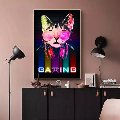 Nordic Neon Cat and Gaming Controller Quotes HD Posters Canvas Painting for Wall Art Mural Gamer Boys Girls Room Decor No Lights