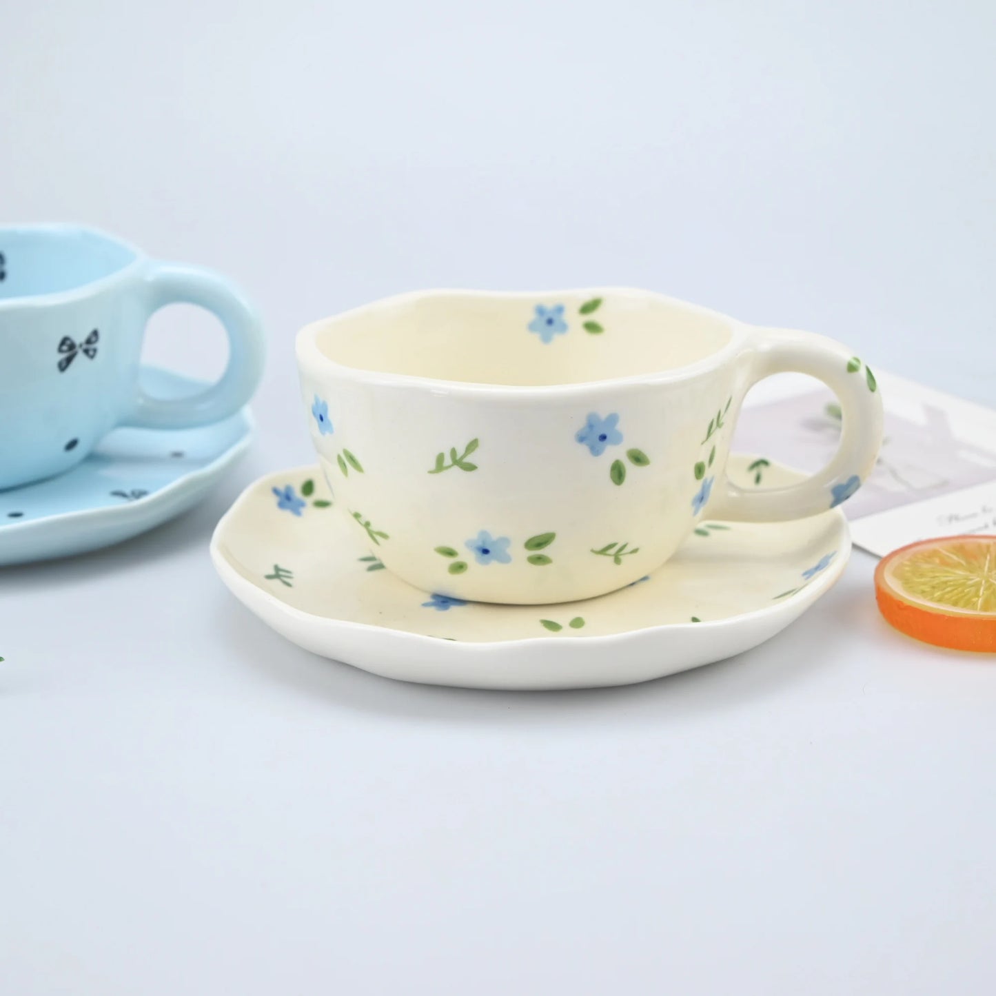 2PCS/Set High-end Coffee Cups And Saucers, High-value Ceramic Mugs, Business-style Latte Art Coffee Cups, Hand-pinched Cups