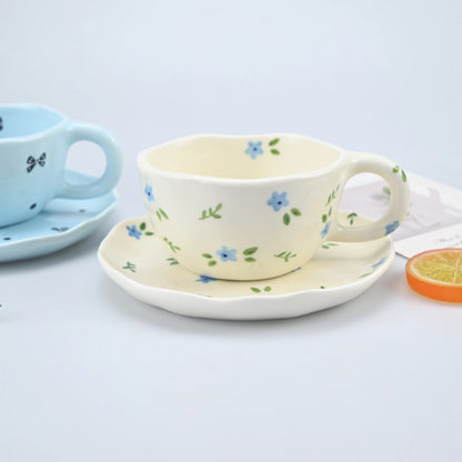 2PCS/Set High-end Coffee Cups And Saucers, High-value Ceramic Mugs, Business-style Latte Art Coffee Cups, Hand-pinched Cups