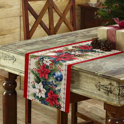 Christmas Poinsettia Flower Blue Balls Linen Table Runner Party Decor Winter Xmas Botanical Table Runners Christmas Decorations