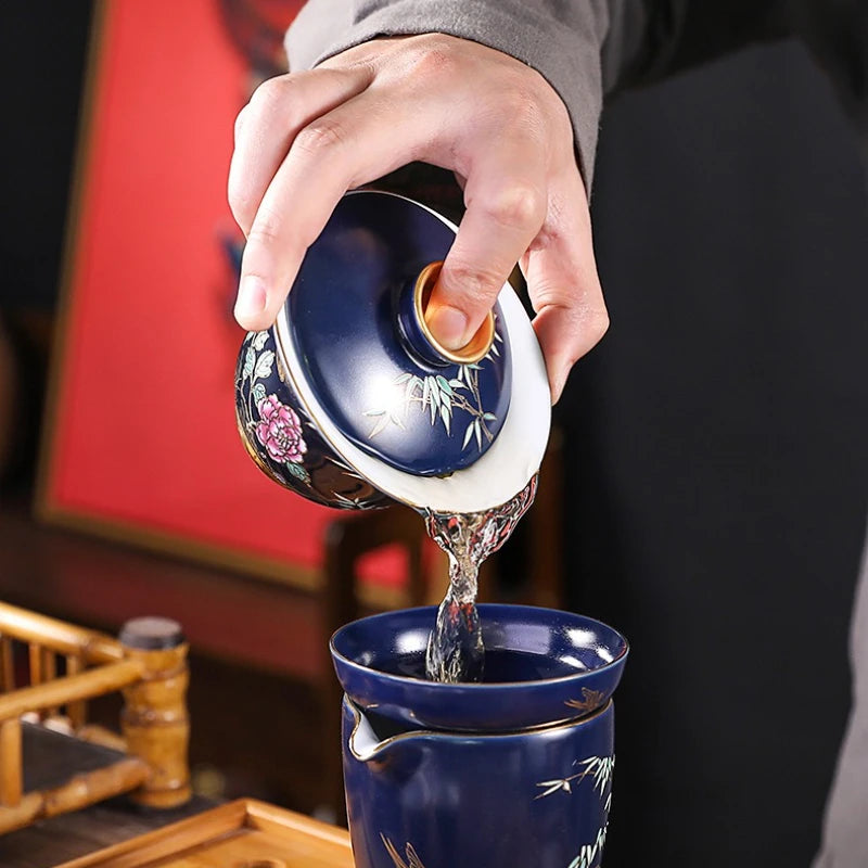 Ceramic Tea Cup with Gold Outline Chinese Kung Fu Master Cup Creative Gift Box Set of 6 Unique  Stylish Tea Drinking Accessories