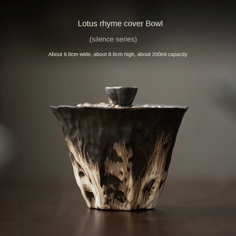 200ml Handmade Embossed Lotus Ceramic Tea TureeWabi Sabi Style Covered Bowl Coarse Pottery Tea Maker Gaiwan Kung Fu Tea Set Gift