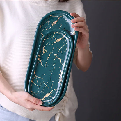 Nordic ins ceramic marble oval tray jewelry storage tray accessories soap holder golden wave bathroom cup bath decoration