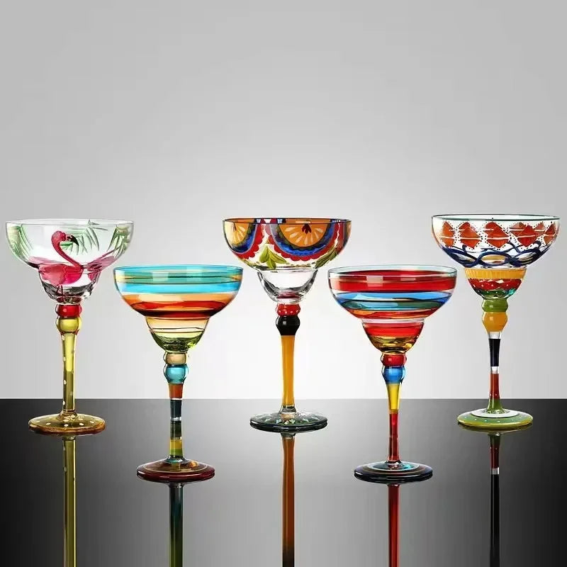 Handmade Colorful Margarita & Champagne Cocktail Glasses Set Creative Design for Home Bar Wedding Party Elegant Unique Drinkware