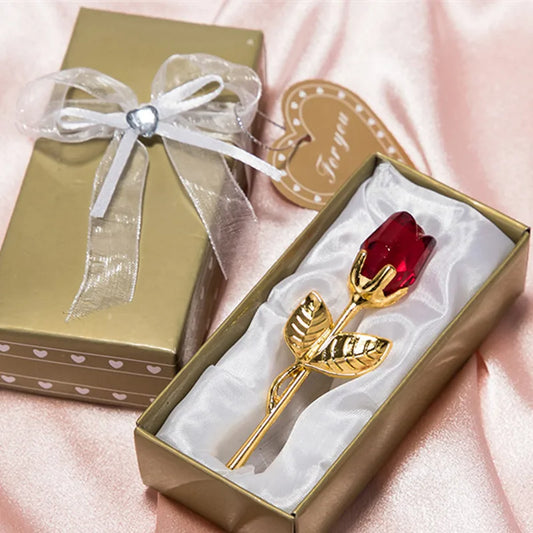 Valentines Day Crystal Rose Decor Ornament Mini Glass Crystal Artificial Flowers Rose Figurine Crystal Rose Flower with Gift Box