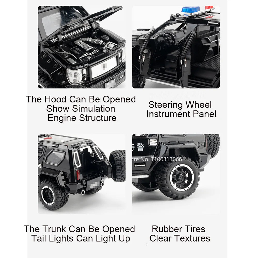 1:24 Scale Alloy QiaoZhiBaDun H2 Police Car Models Toys 6 Doors Opened Vehicles Wheel Pull Back Cars Adult Kids Birthday Gifts