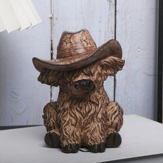 Charming Highland Cow Figurine with Cowboy Hat - Rustic Resin Farmhouse Decor for Home & Garden, No Electricity Needed, Perfect
