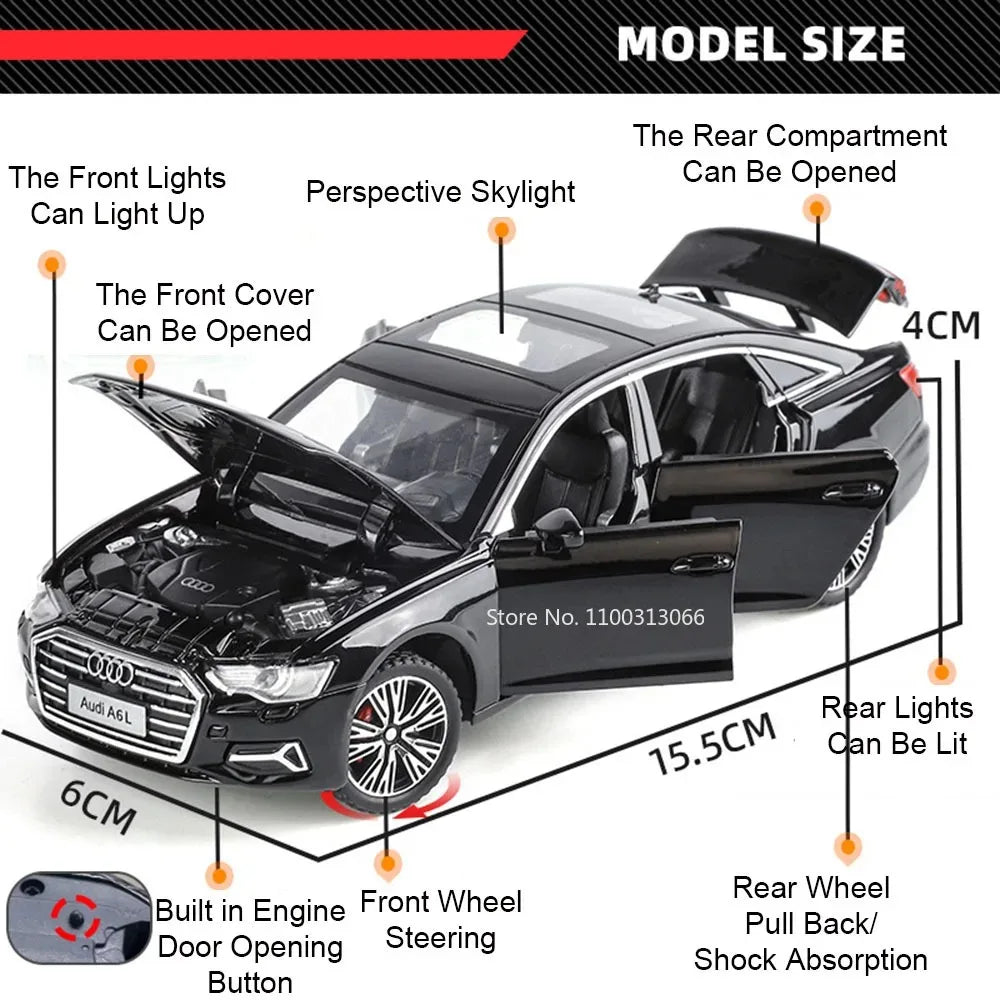 1:32 Alloy Diecast RS7 A6L Toys Cars Models Wheel Steering Light Music Vehicles 6 Doors Opened Miniature Car Toddler Kids Gifts