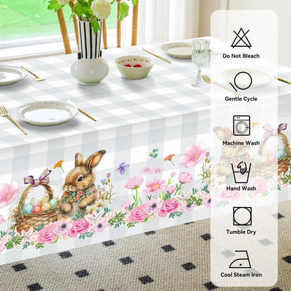 Spring Easter Bunny Egg Flower Buffalo Plaid Waterproof Tablecloth Easter Decorations Washable Rectangle Table Cloth Table Decor