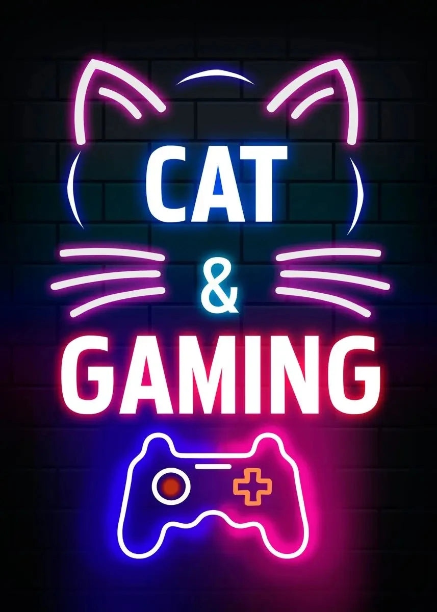 Nordic Neon Cat and Gaming Controller Quotes HD Posters Canvas Painting for Wall Art Mural Gamer Boys Girls Room Decor No Lights