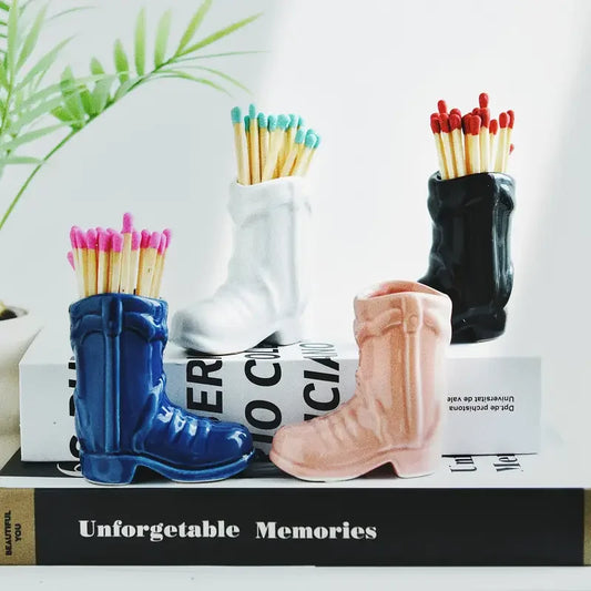 Vintage Denim Boots Ceramic Matchstick Shoe Rack Ornaments Multifunctional Decorative Boot Shaped Matchbox Ornaments Home Decor