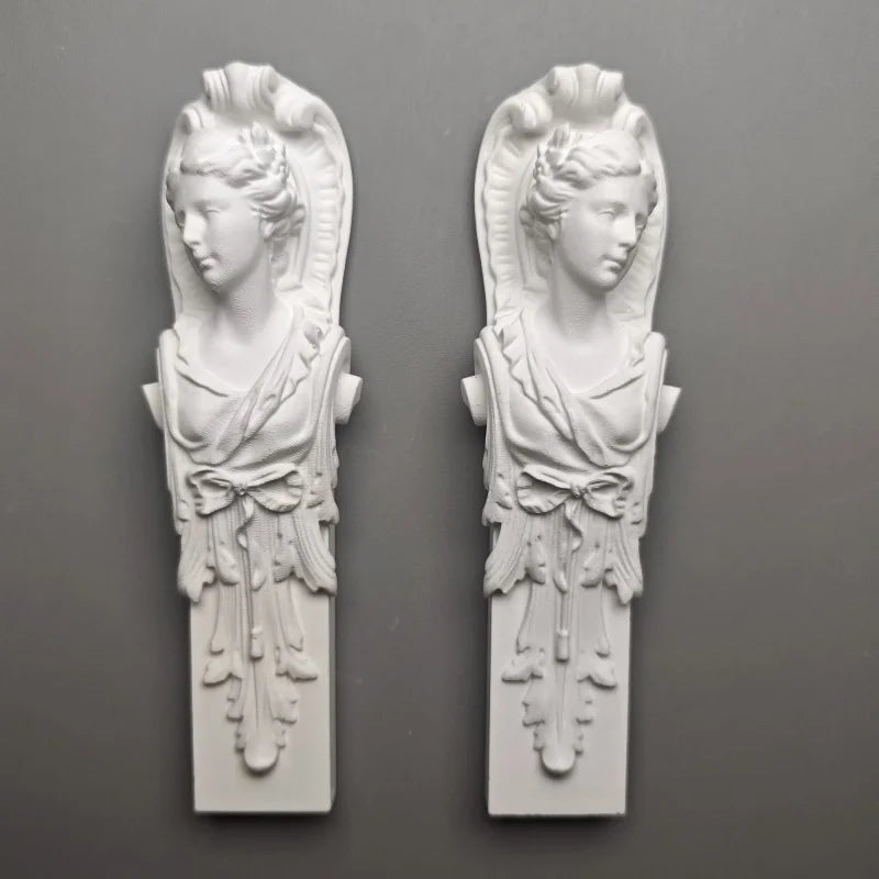 Pair of Classical Maiden Pillar Busts - Plaster Sculptures, Roman-Inspired Shelf Artifacts & Museum-Style Collectible Decor
