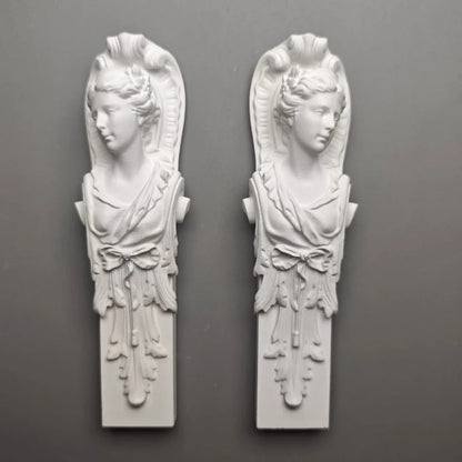 Pair of Classical Maiden Pillar Busts - Plaster Sculptures, Roman-Inspired Shelf Artifacts & Museum-Style Collectible Decor
