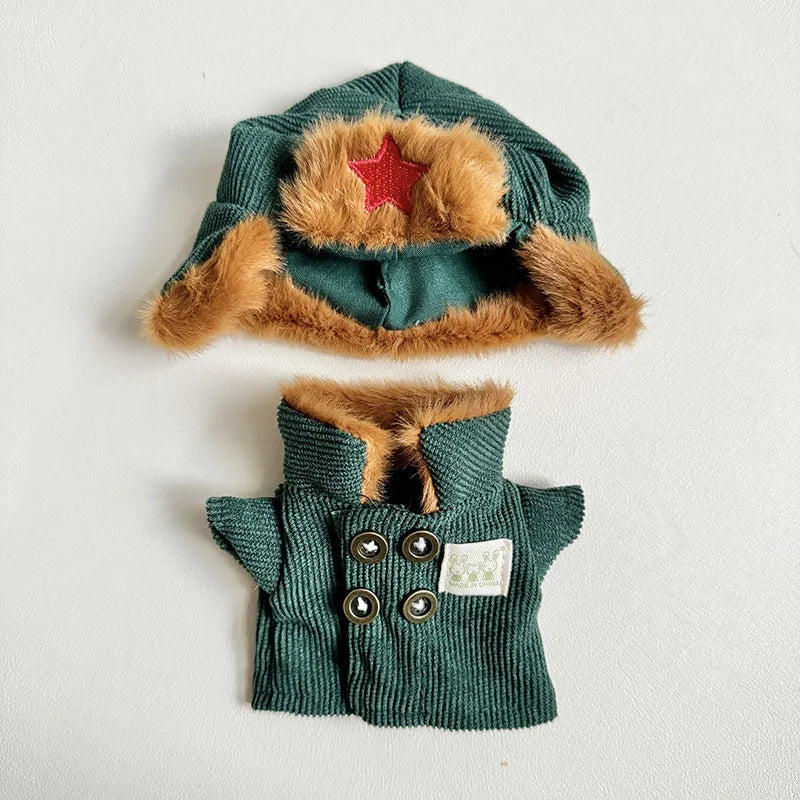 17cm Doll's Clothes For Labubu The Monster Outfit Accessories Clothing DIY Lei Feng Army Green Coat Red Star Hat