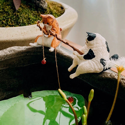 Chzimade Mini chat mignon va à la pêche bricolage aquarium décoration artisanat guérison salon décor à la maison Figurines ornements de bureau