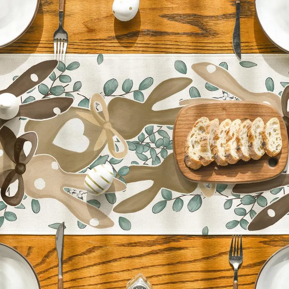 Happy Easter Eucalyptus Dot Bunny Rabbit Linen Table Runner Party Decor Seasonal Spring Kitchen Dining Table Runners Table Decor