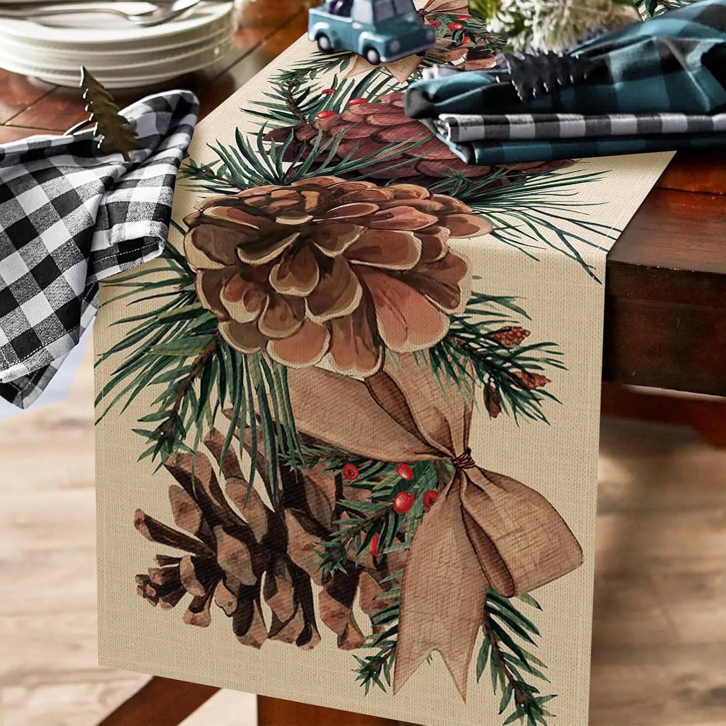 Christmas  Pine Cone Pine Needle Branch Berry Linen Table Runner for Table Decor Winter Xmas Table Runners Christmas Decorations
