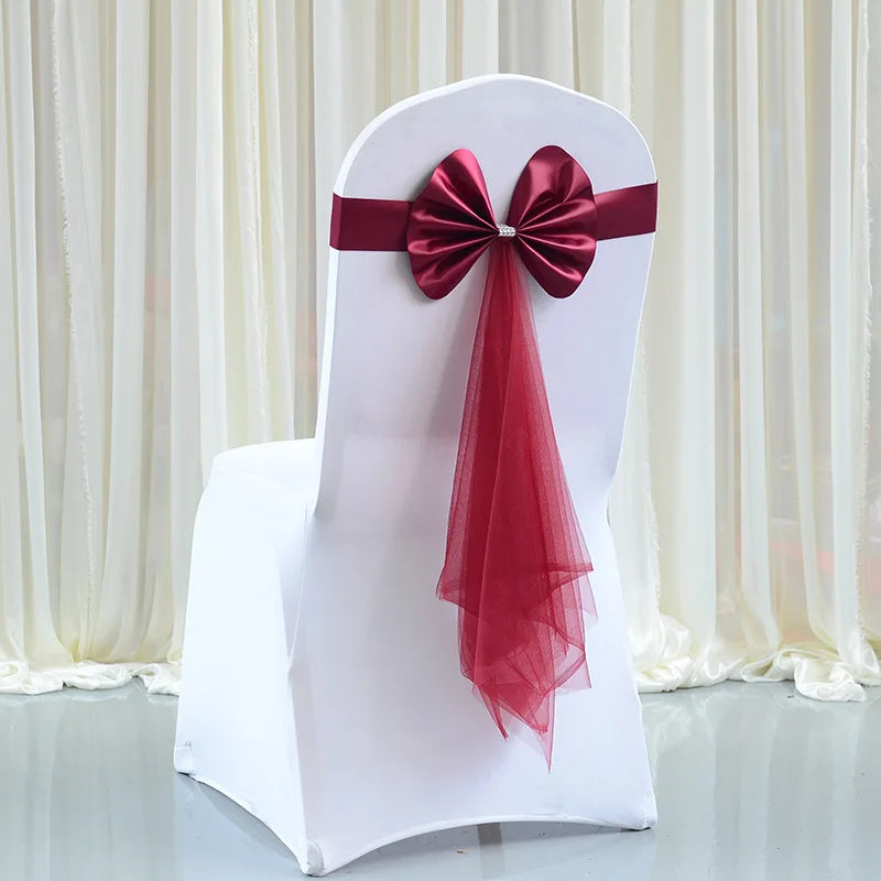 10PCS Satin Organza Chair Bow Sashes Wedding Chair Knots Bow Cover Band For Party Event Hotel Banquet Country Wedding Decoration