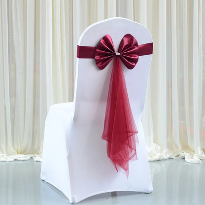 10PCS Satin Organza Chair Bow Sashes Wedding Chair Knots Bow Cover Band For Party Event Hotel Banquet Country Wedding Decoration