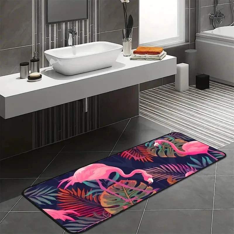 1pc Flamingo Laundry area carpet, machine washable flannel floor mat, comfortable hallway standing mat