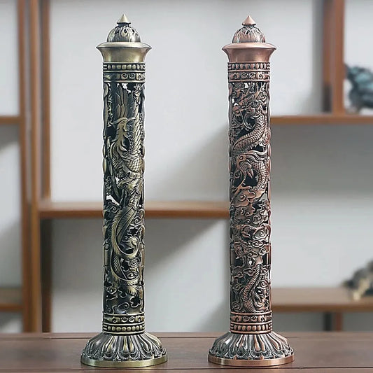Brûleur d'encens Vertical rétro, cœur de bouddha, Sutra, Dragon, phénix, pilier en métal, bâton d'encens, décoration de cérémonie pour la maison et le bureau