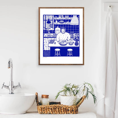 Affiche d'art de cuisine avec image bleue, impression simple, blanc, abstrait, rétro, peinture sur toile, décoration de maison, refuge nordique